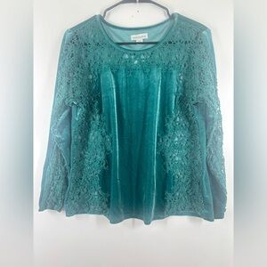 NWOT Sundance Velvet Embroidered Mesh Long Sleeve Blouse Teal Blue Green M